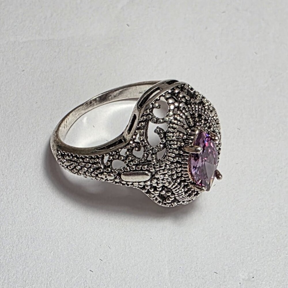 Antique Style Purple Stone Ring Silver Tone | EU 19 (US 9) - Picture 4 of 6